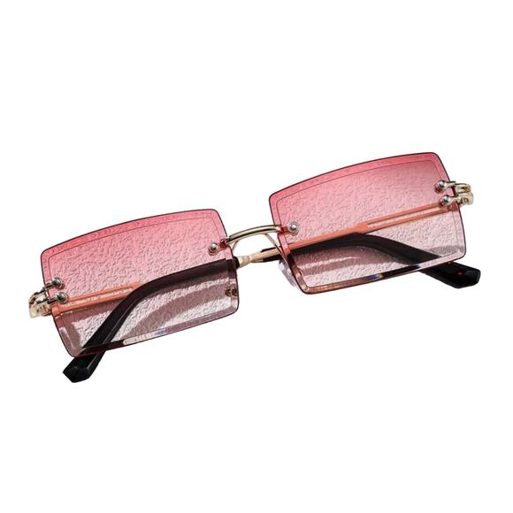 VINTAGE Rimless Rectangular Pink Tinted Fashion Sunglasses Gold Frame Unisex NEW - Picture 4 of 8